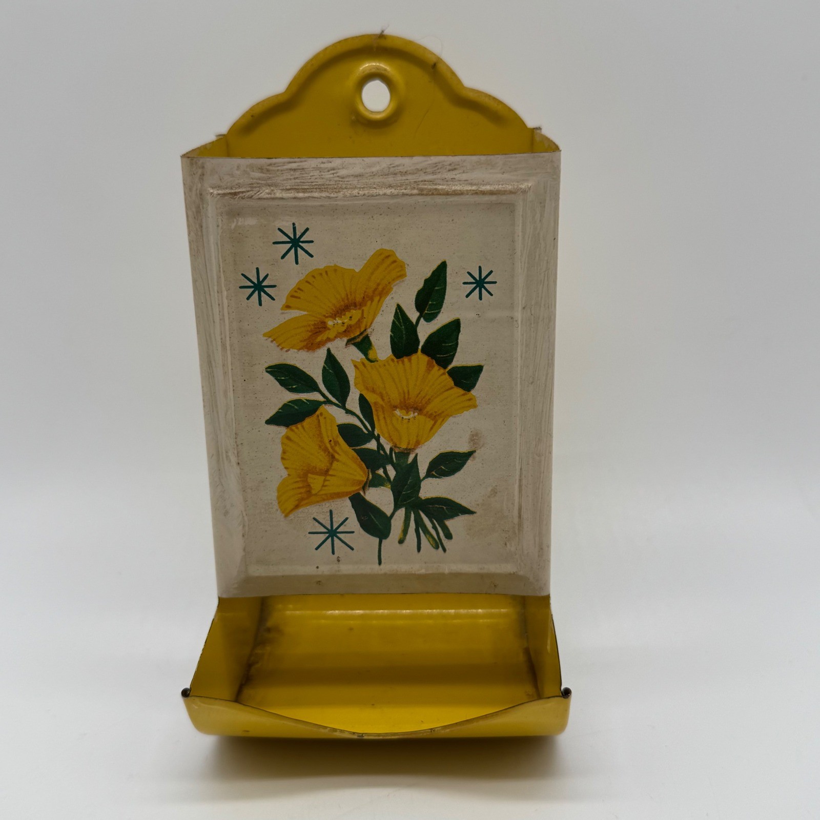 Vintage 1970s Harvest Yellow Tin Floral Atomic Starburst Kitchen Match Holder Vintage 1970s Harvest Yellow Tin Floral Atomic Starburst Kitchen Match Holder