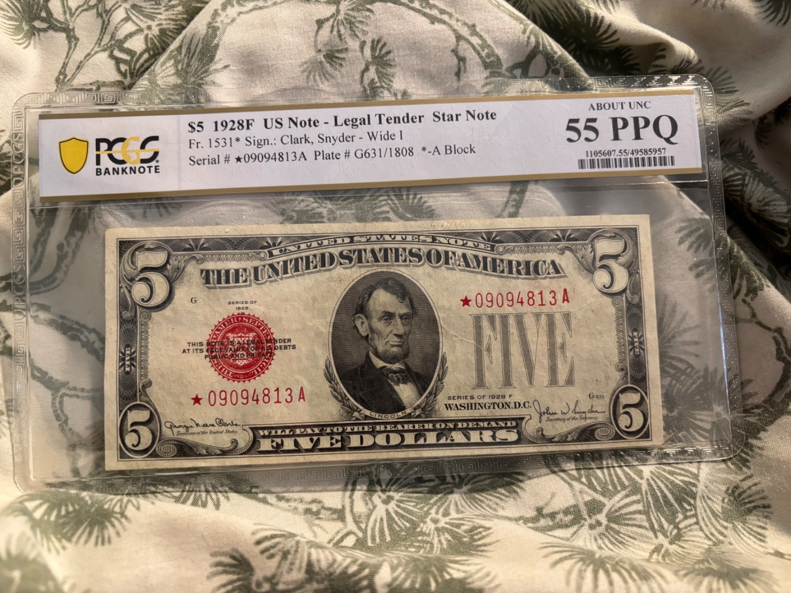 $5 1928 F Legal Tender Star Note PCGS AU 55 PPQ $5 1928 F Legal Tender Star Note PCGS AU 55 PPQ