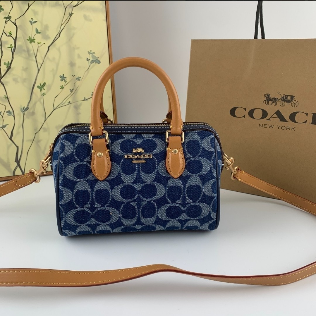 COACH CY742 Mini Rowan Satchel Bag Signature Canvas Blue Brown Outlet