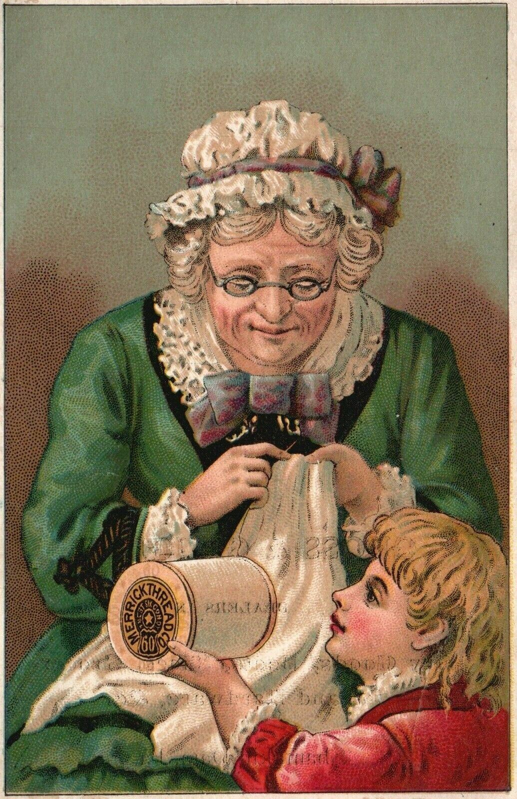 1880s-90s Grandma with Child Sewing Merrick Thread Co. Spool Cotton Trade Card 1880s-90s Grandma with Child Sewing Merrick Thread Co. Spool Cotton Trade Card