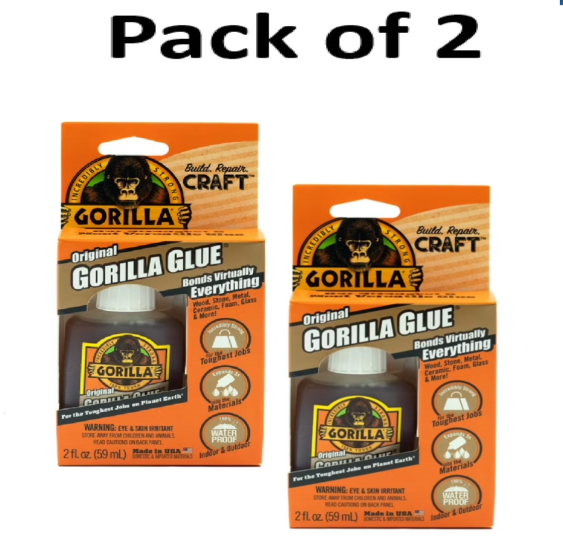 Gorilla Original Waterproof Polyurethane Glue, 2 ounce 2 - Pack, Brown