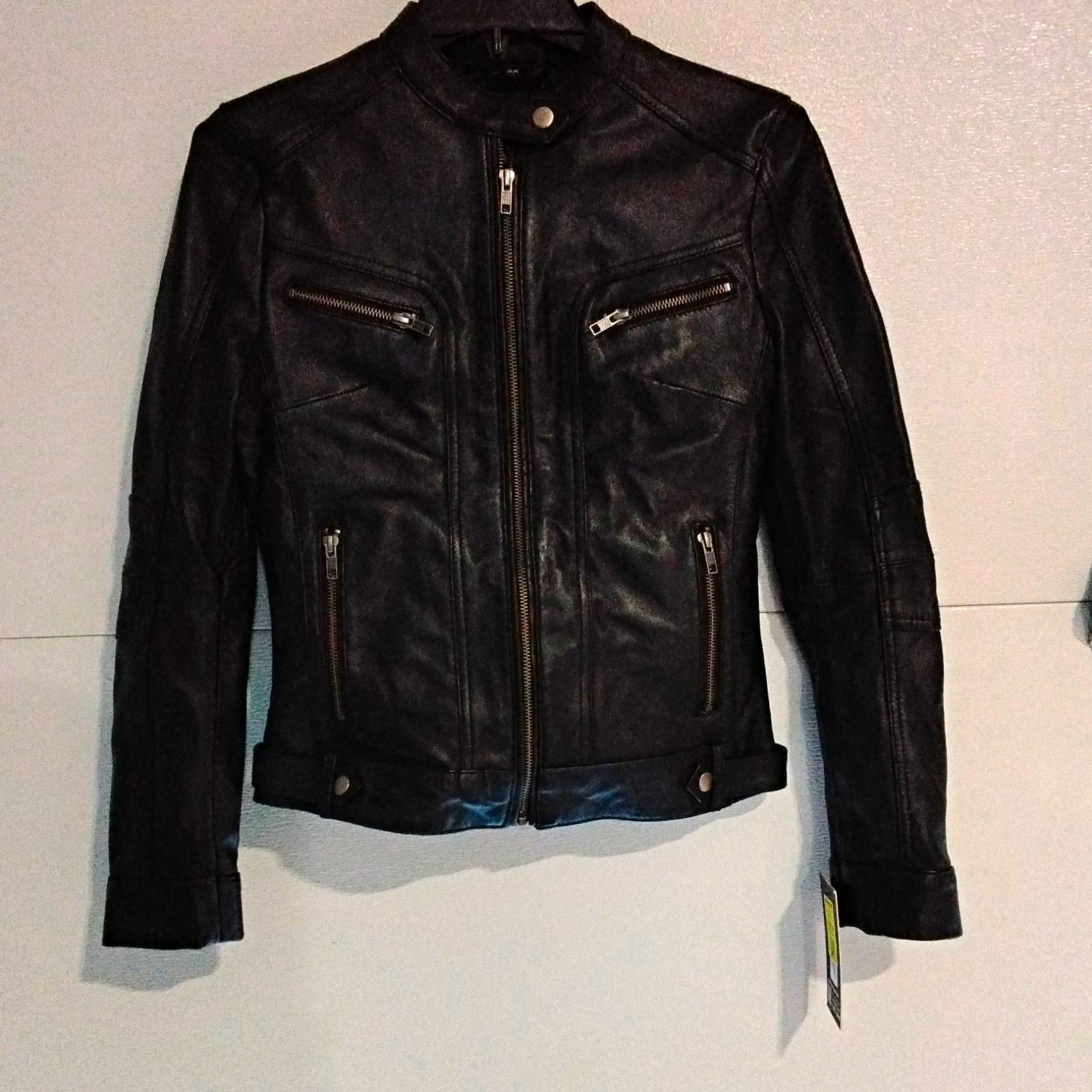 Whet Blu Black Leather Biker Jacket XS Slim Fit Full Zip Lined Zip Pockets Whet Blu Black Leather Biker Jacket XS Slim Fit Full Zip Lined Zip Pockets