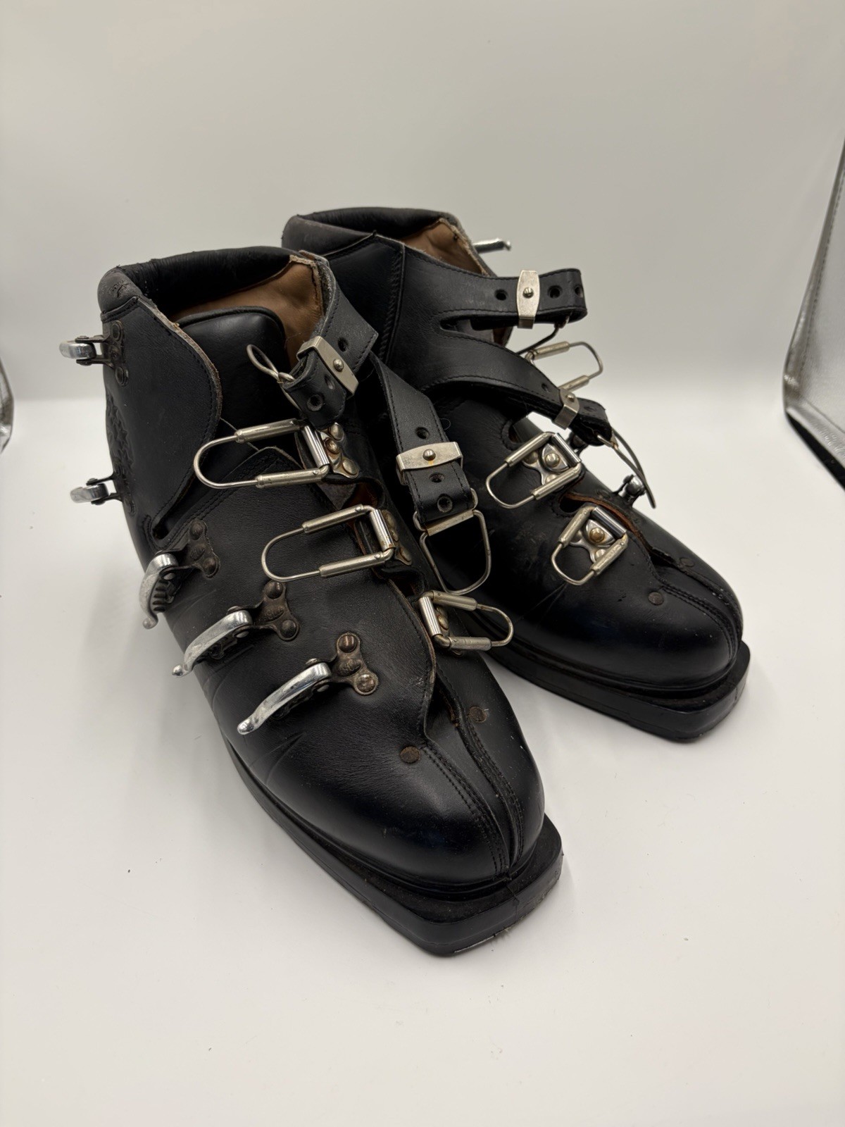 Vintage 1960s Rieker Leather Ski Boots Men 11 M Germany 5-Buckle Cable