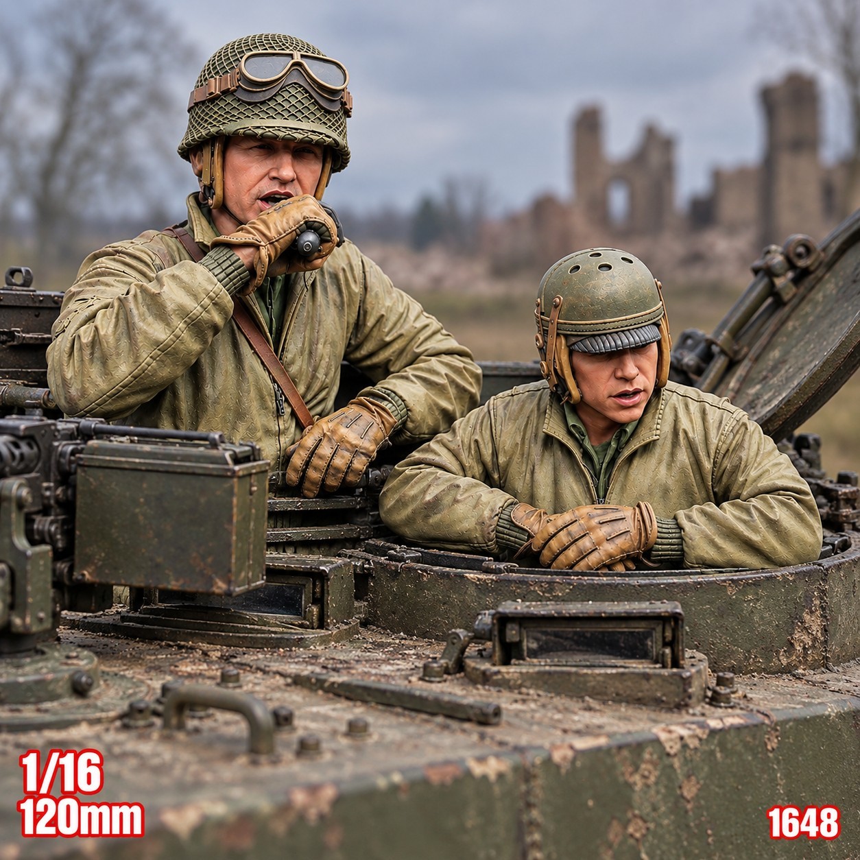 1/16 Scale WWII US Tank Crew On Radio 2-Figure Set 120mm Resin Model Kit 1648