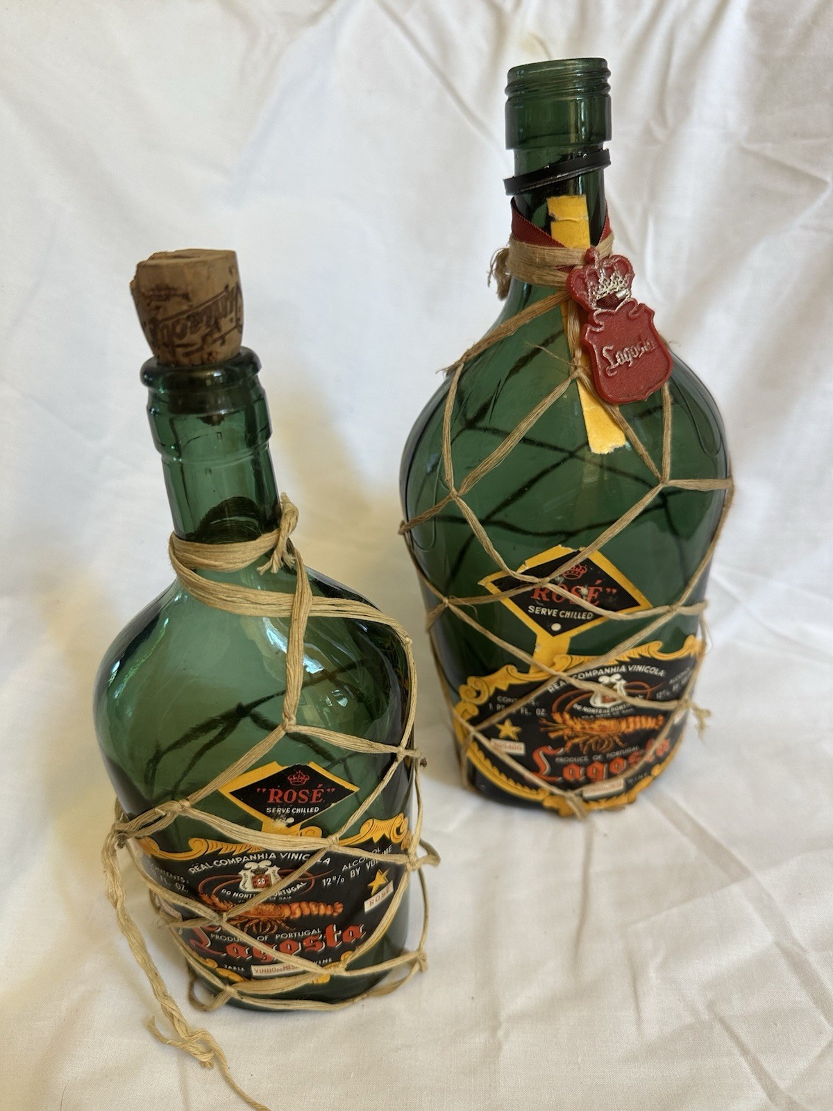 Vintage Lagosta Rosé Wine Bottle Pair Portugal Raffia Covered 2 Sizes