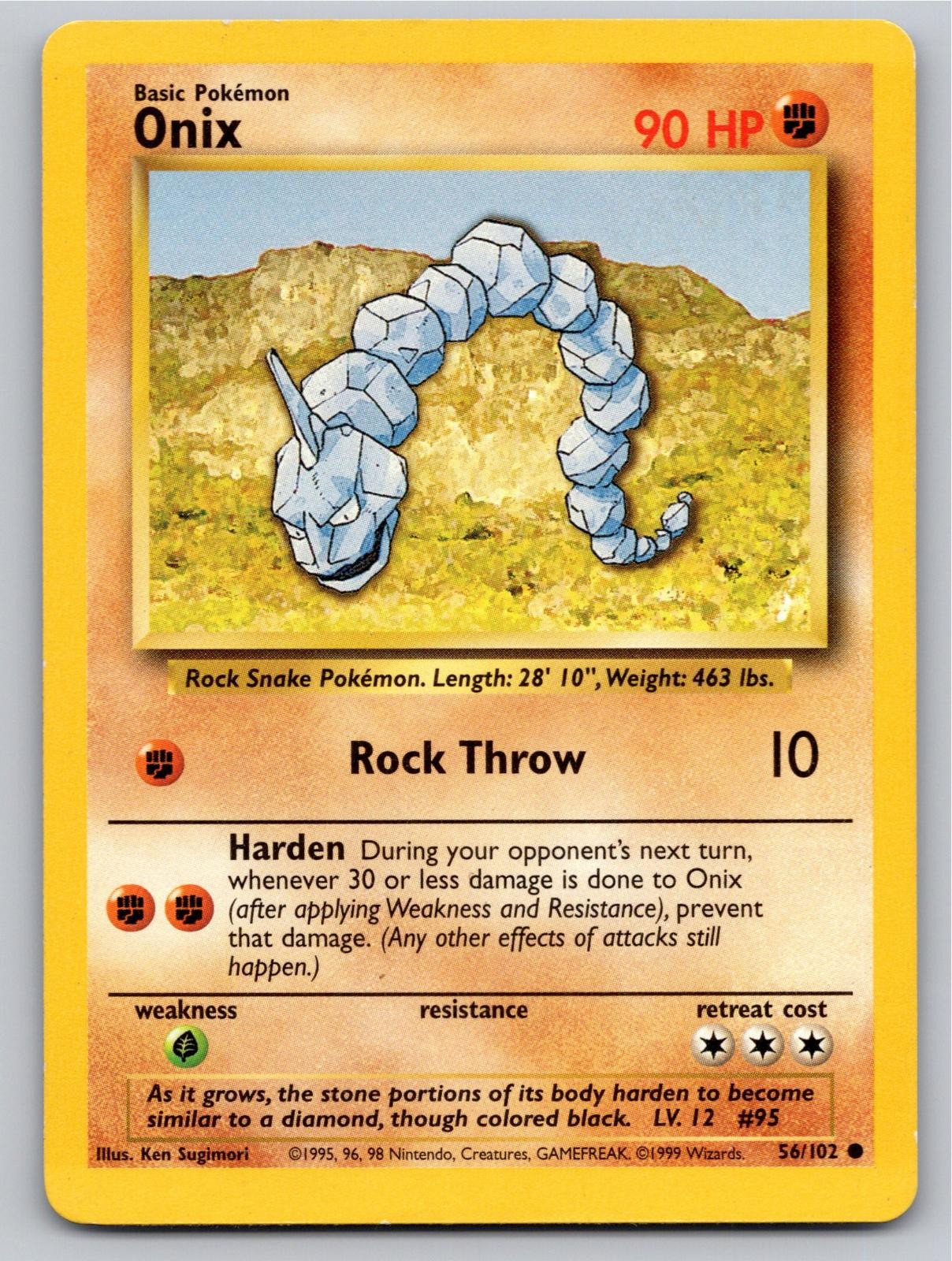 1999 POKEMON ONIX BASE SET UNLIMITED 56/102 C NM A88674 FREE S&H 1999 POKEMON ONIX BASE SET UNLIMITED 56/102 C NM A88674 FREE S&H