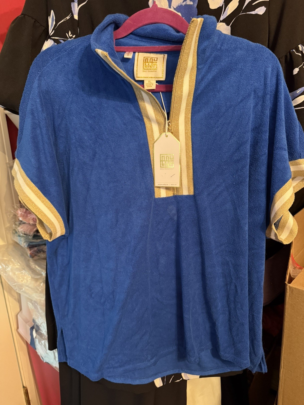 NWT Emily McCarthy POPPY PULLOVER SHIRT TOP Blue Terry GOLD/WHITE STRIPE sz XL NWT Emily McCarthy POPPY PULLOVER SHIRT TOP Blue Terry GOLD/WHITE STRIPE sz XL