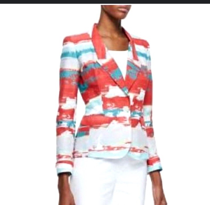 NWT Lafayette 148 Adina Abstract Print Jacket Button Turquoise Multi SZ-10 $598