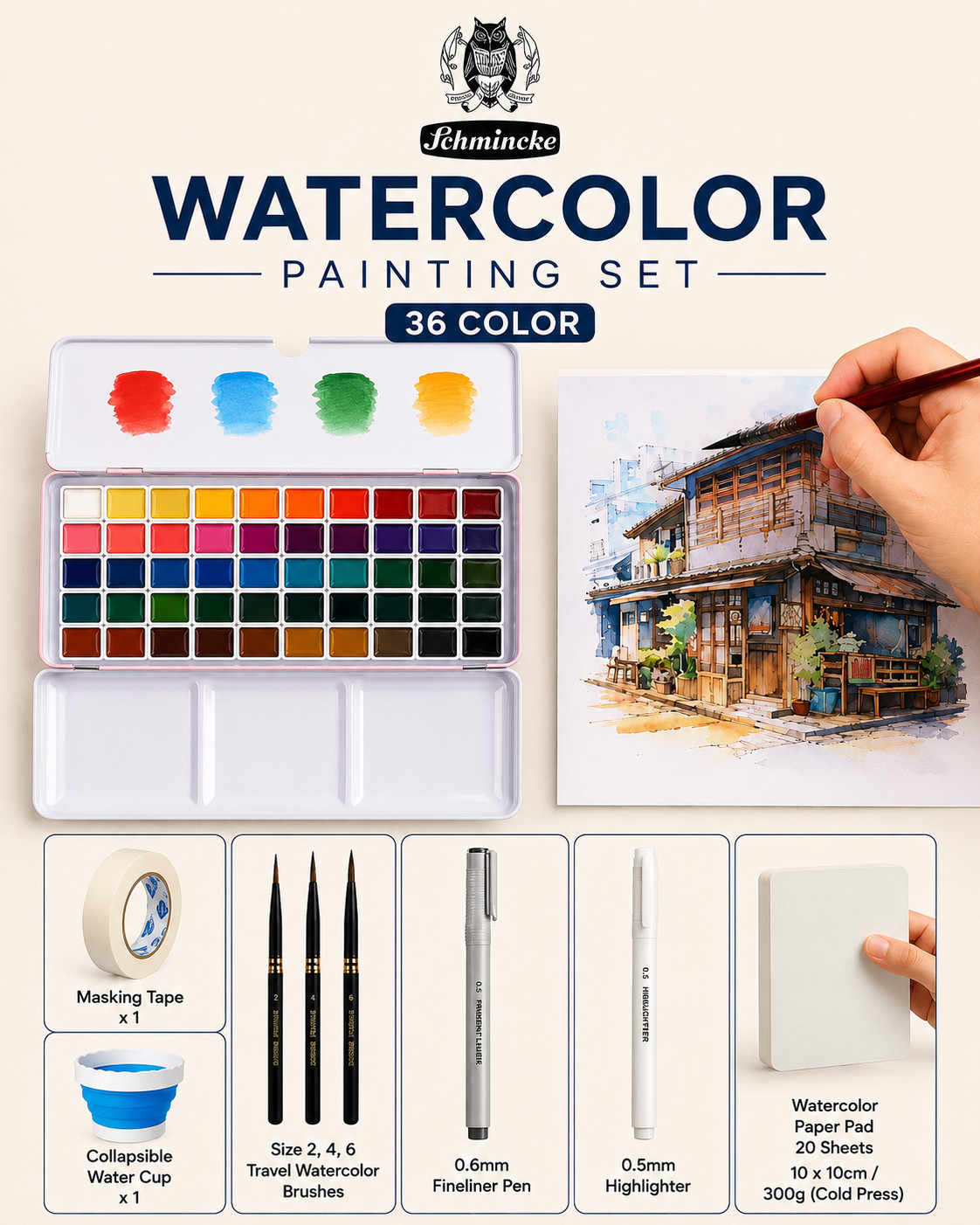 36-Color Schmincke  Watercolor (1ml) Travel Set with Brushes & Accessories