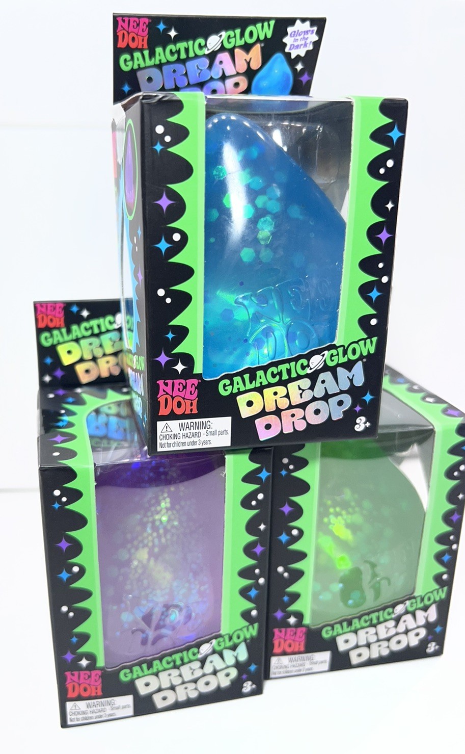 NeeDoh Galactic Glow Dream Drop Set 3 Blue Green Purple RARE NEW Authentic
