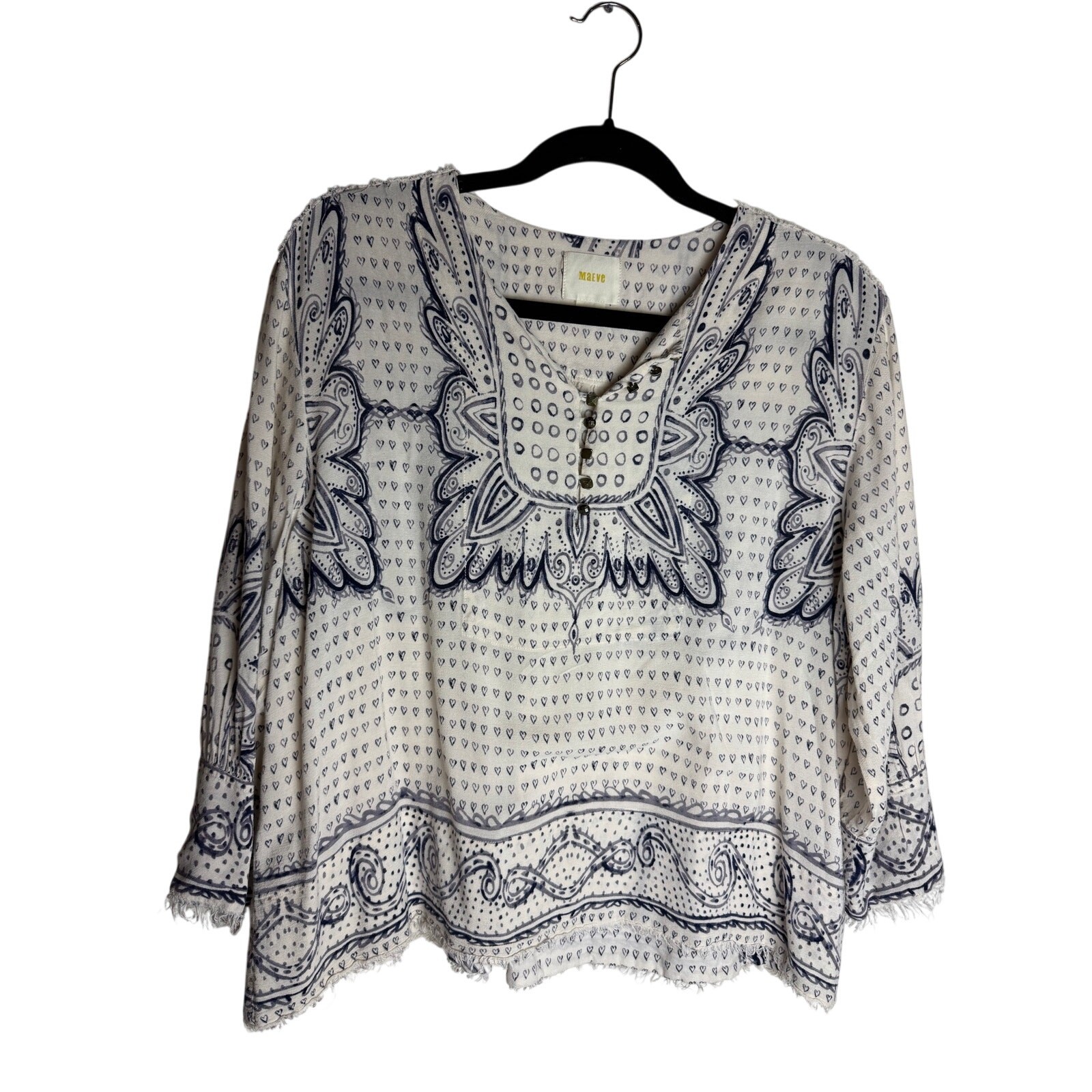 Anthropologie Maeve Navy & Ivory Boho Print Blouse Size Medium