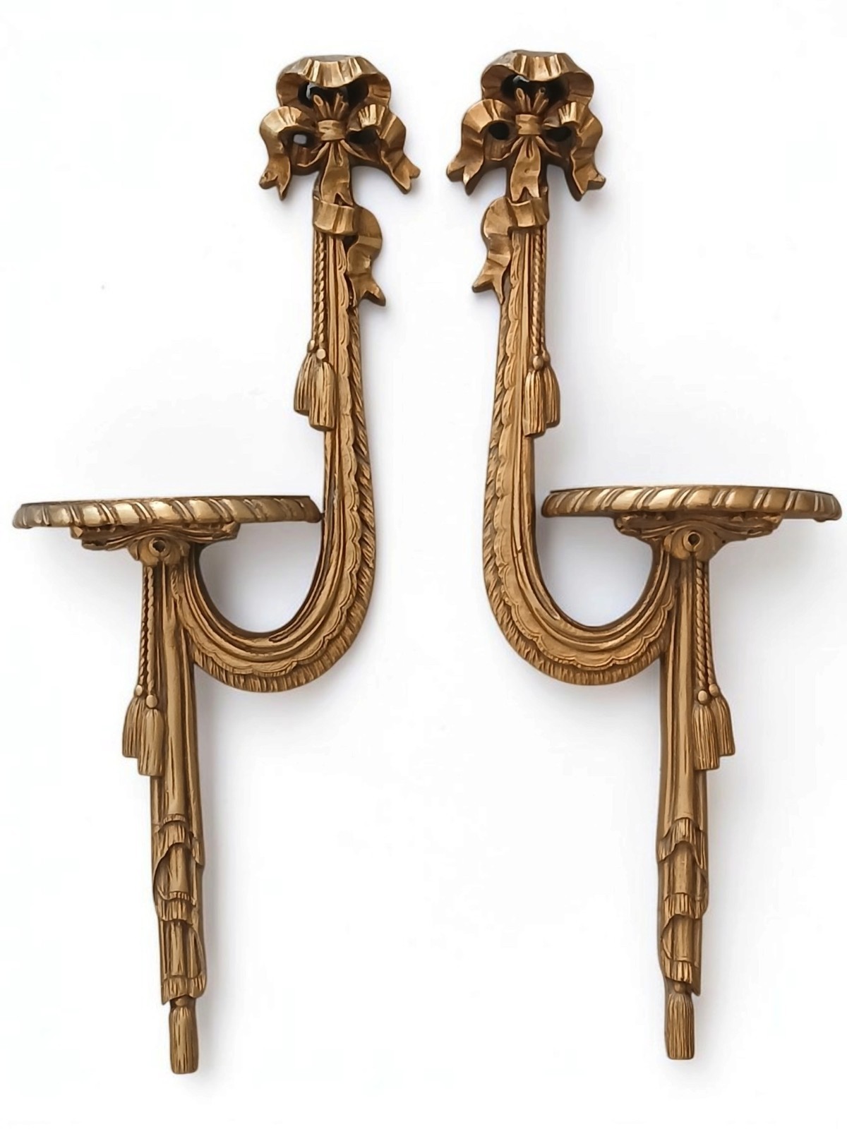 Vintage Pair Gold Gilt Wood Wall Shelves Bow Tassel Hollywood Regency 24\