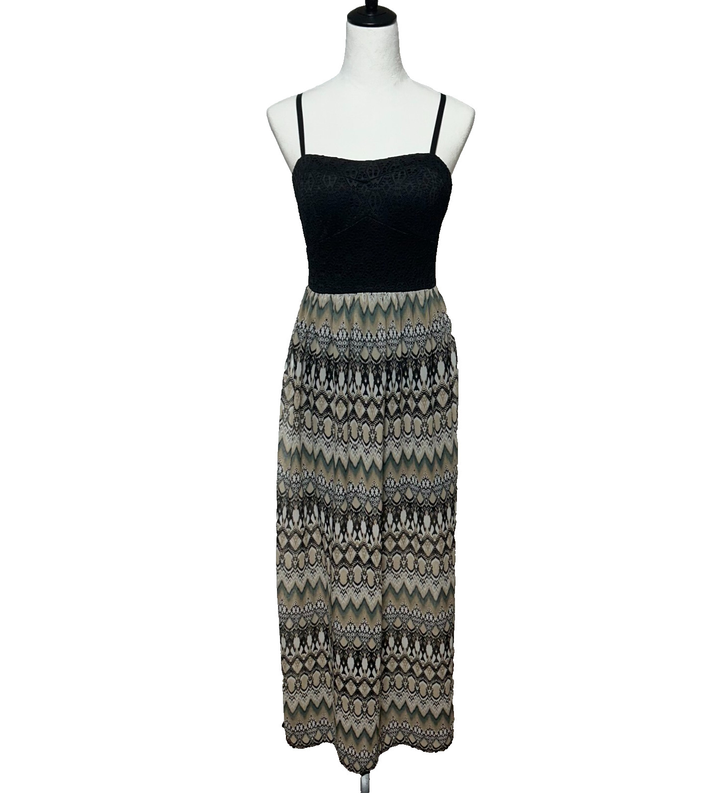 Lily Rose Babydoll Dress Medium Maxi Black Tan Crochet Back Slit Sexy Halter