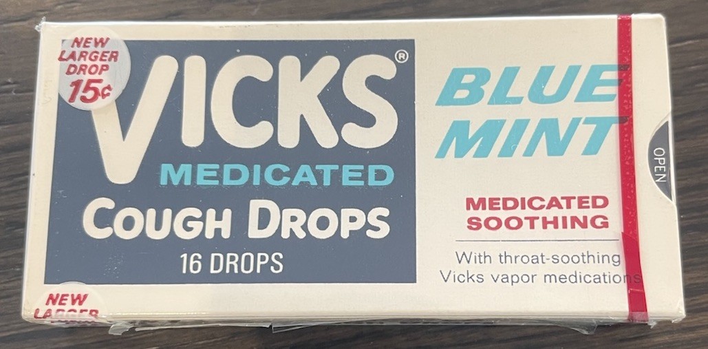 Vintage Pre-Barcode VICKS BLUE MINT COUGH DROPS Cello-Sealed Box New Old Stock Vintage Pre-Barcode VICKS BLUE MINT COUGH DROPS Cello-Sealed Box New Old Stock