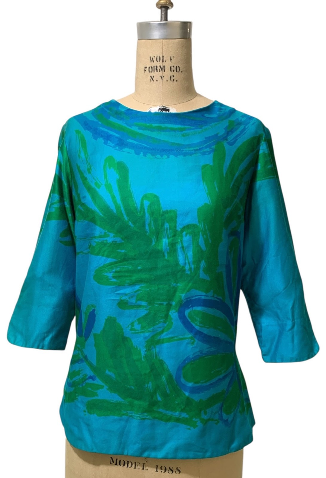 VERA NEUMANN Vintage 70s Women\'s Abstract Mod Blue Green Tunic Top Shirt - Sz M