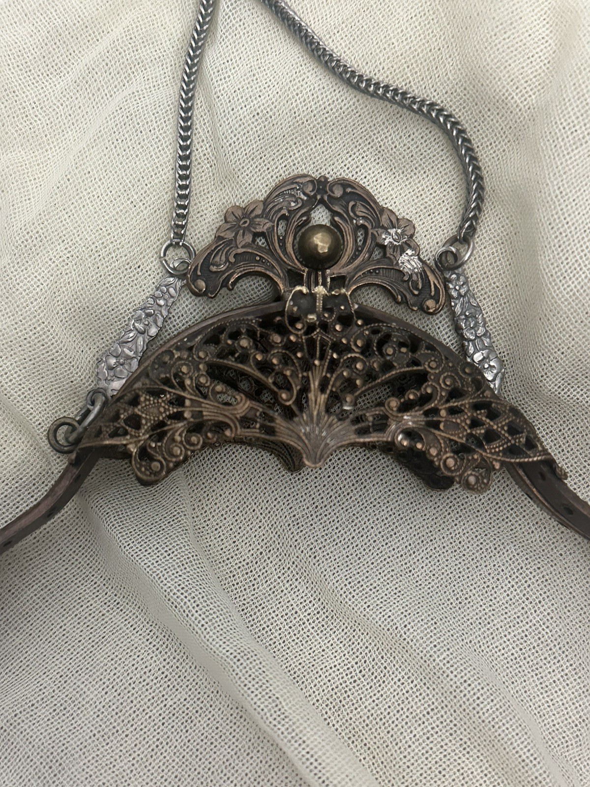 Antique French Art Nouveau Filigree Purse Frame Ornate Metal Clasp c. 1900s