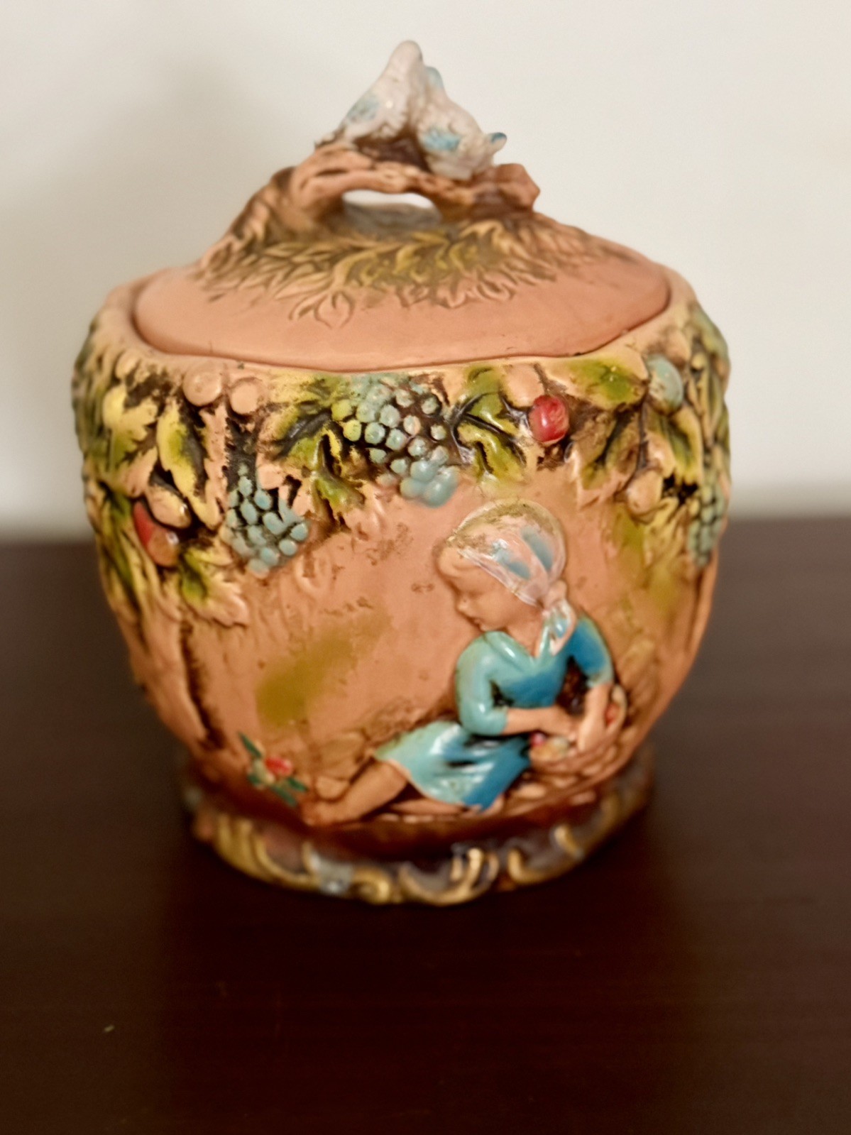 Vintage Napcoware Ceramic Cookie Jar, Little Girl With Harp Boy With Flute Doves Vintage Napcoware Ceramic Cookie Jar, Little Girl With Harp Boy With Flute Doves