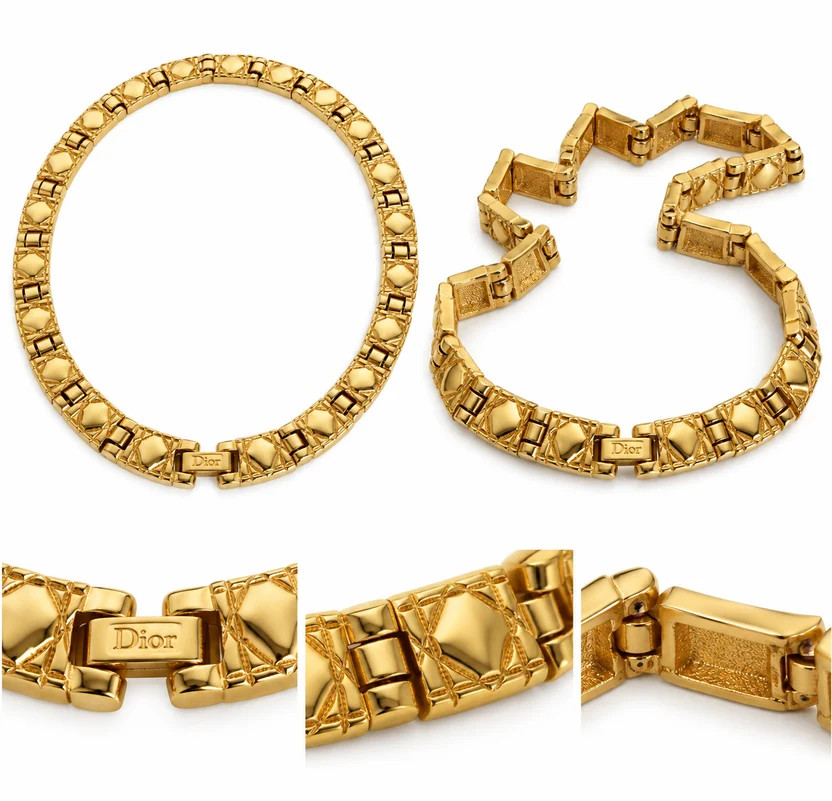 Christian Dior Vintage 24K Gold Plated Cannage Statement Collar Necklace