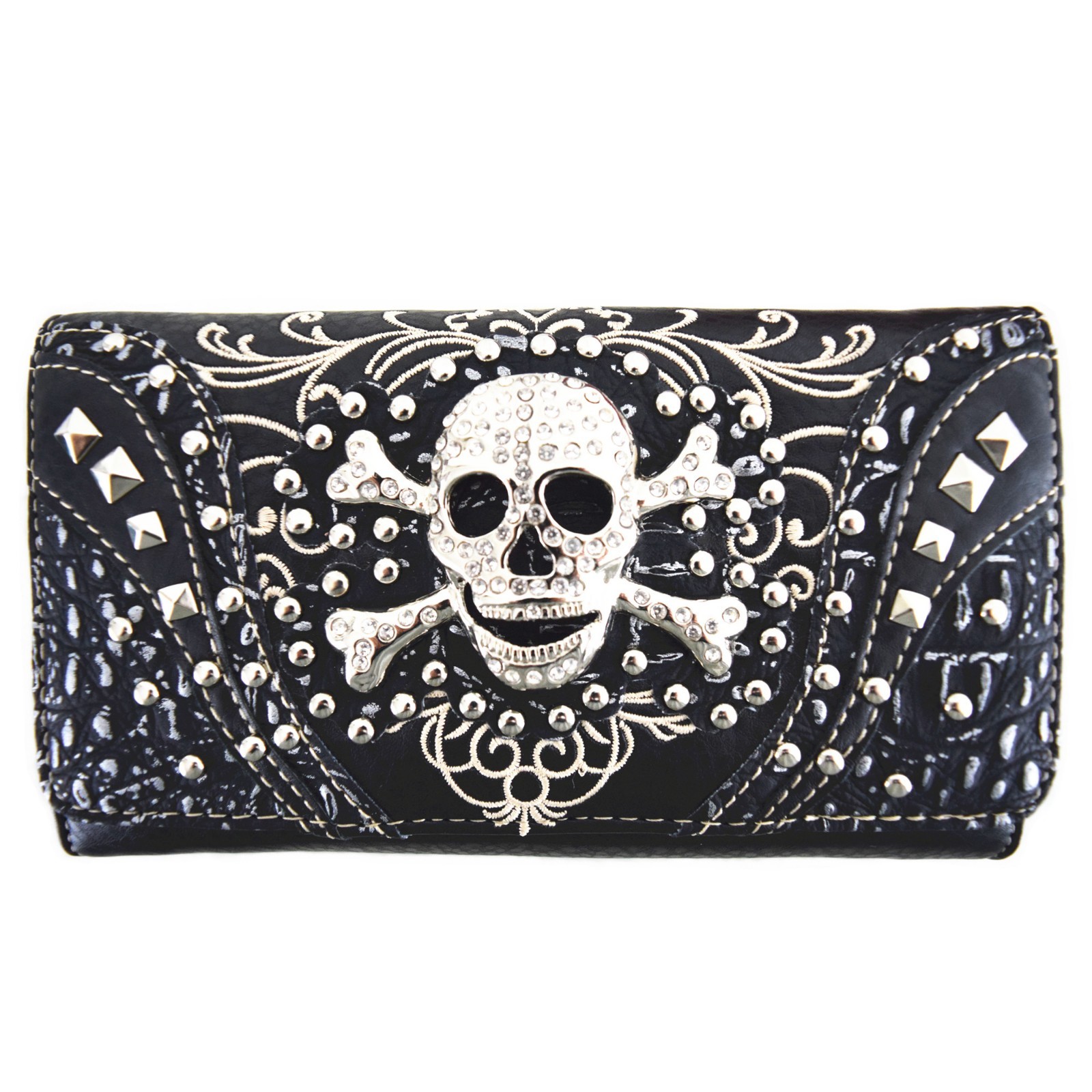 Rhinestone Skull Punk Crossbody Wallet Women Wristlet Trifold Clutch