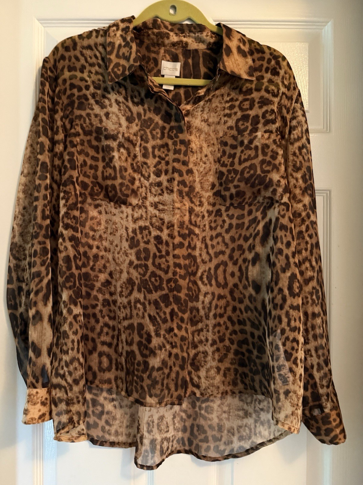 CHICO’S Animal Print Sheer Long Sleeve Blouse-Size 3 (XL) CHICO’S Animal Print Sheer Long Sleeve Blouse-Size 3 (XL)
