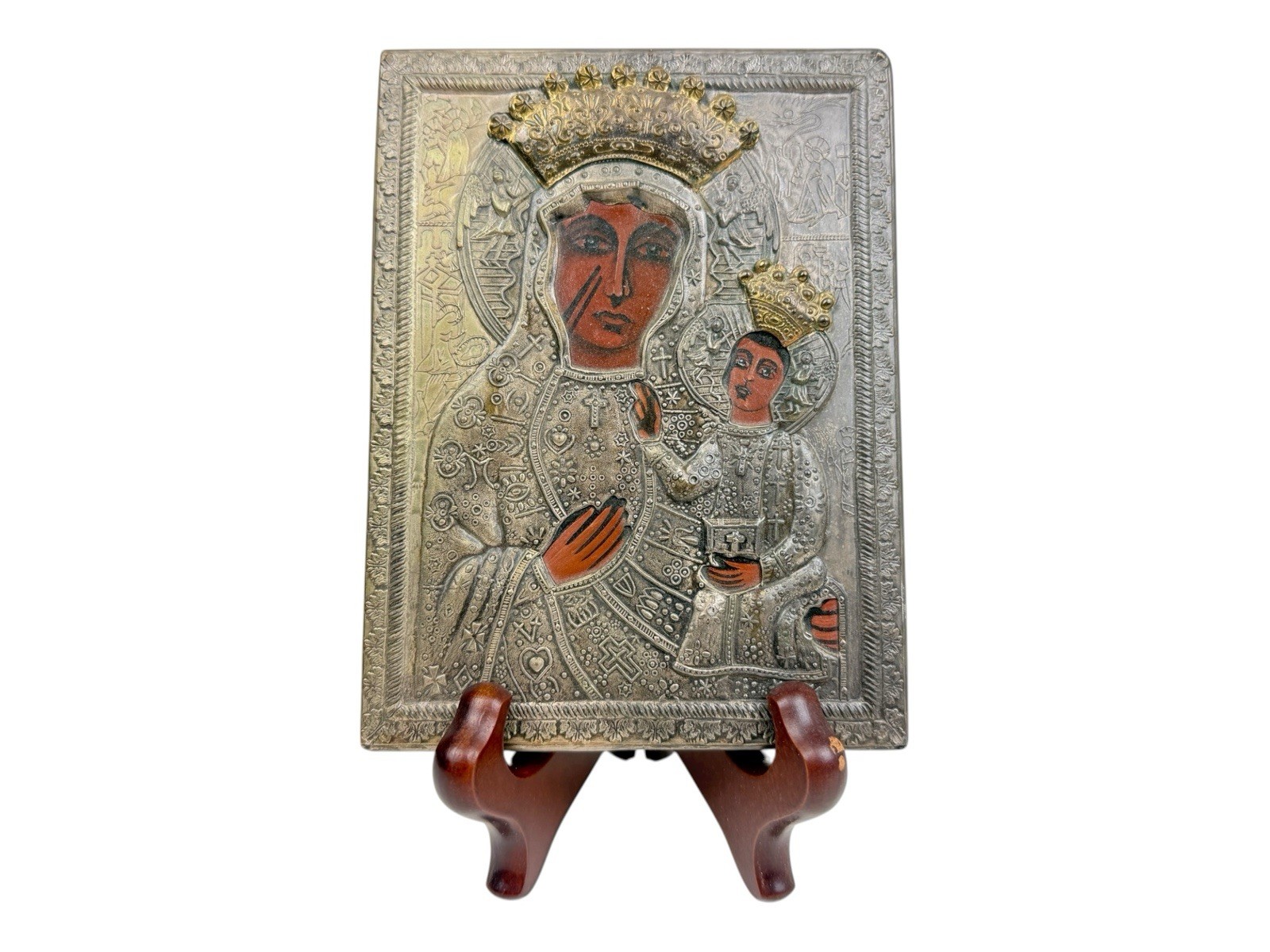 Vtg Pewter Black Madonna of Czestochowa Embossed Icon Plaque 6