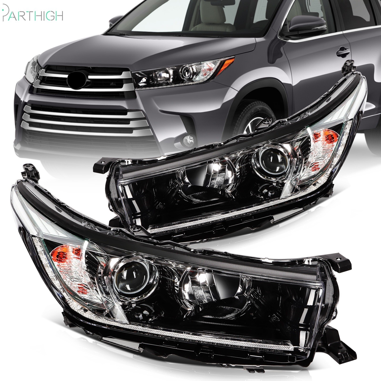For 2017 2018 2019 Toyota Highlander Headlights Assembly LED DRL Projector Pair