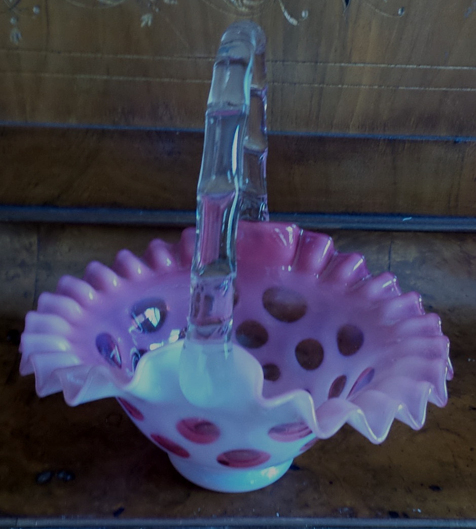 Vintage Fenton Cranberry Opalescent Coin Dot Opalescent Basket 6\'\'X6\