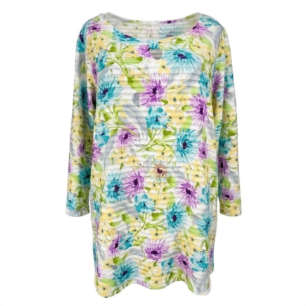 NEW Allison Daley Woman 3X Floral Tunic Top 3/4 Sleeve Keyhole Neck Textured