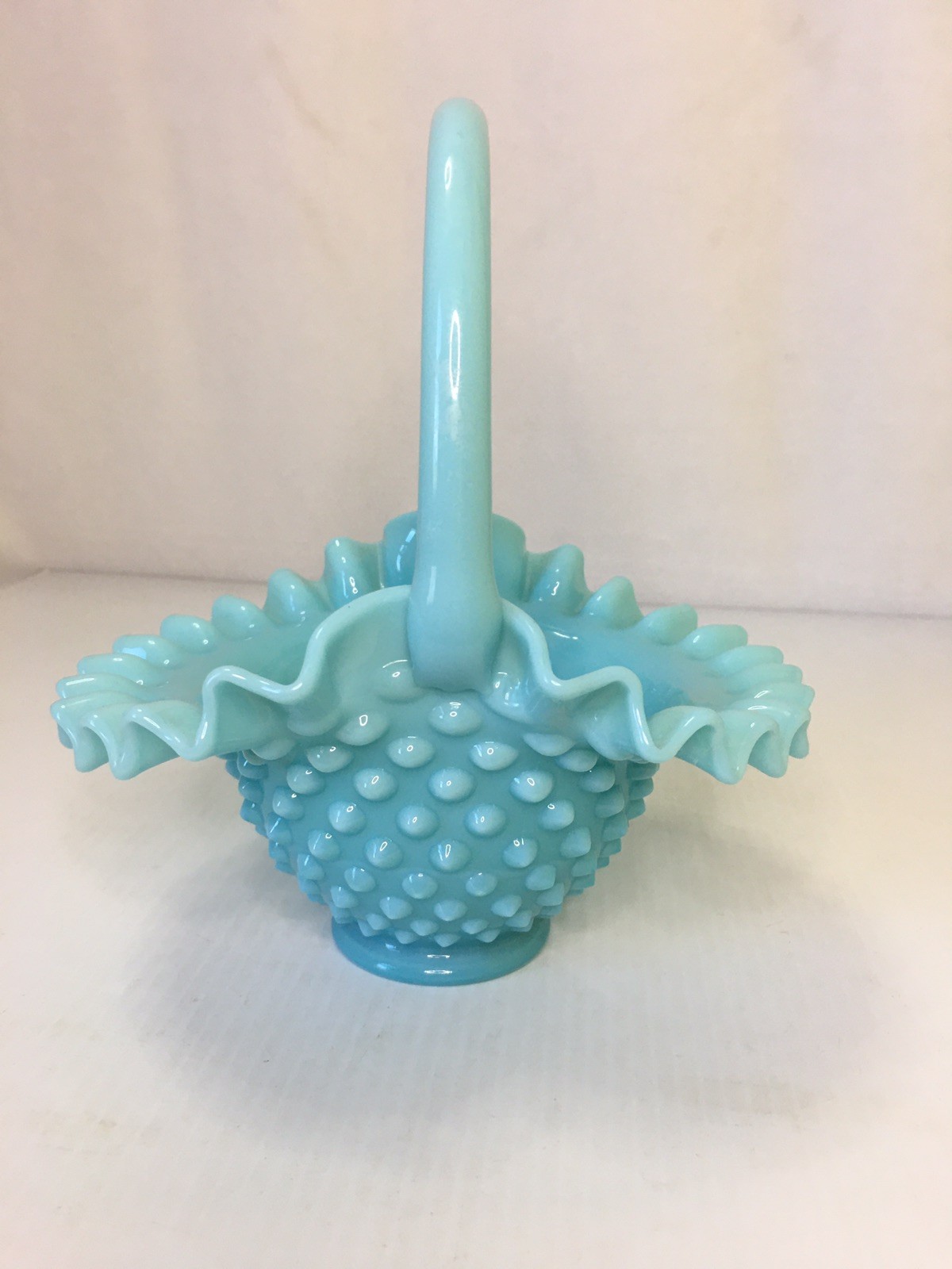 Vintage Fenton Milk Glass Pastel Blue Turquoise Ruffled Hobnail Basket (A)