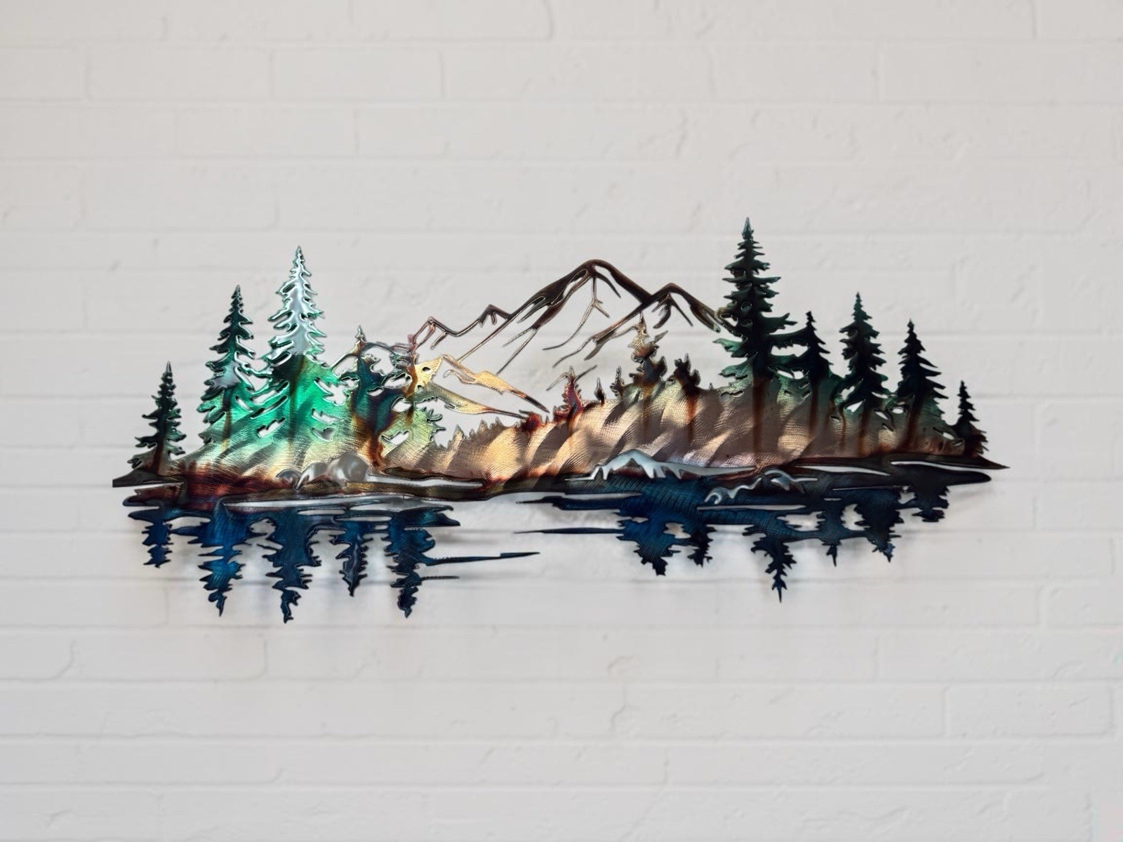 Mountain Reflections Metal Wall Art  Copper Blue Green 47 1/2\