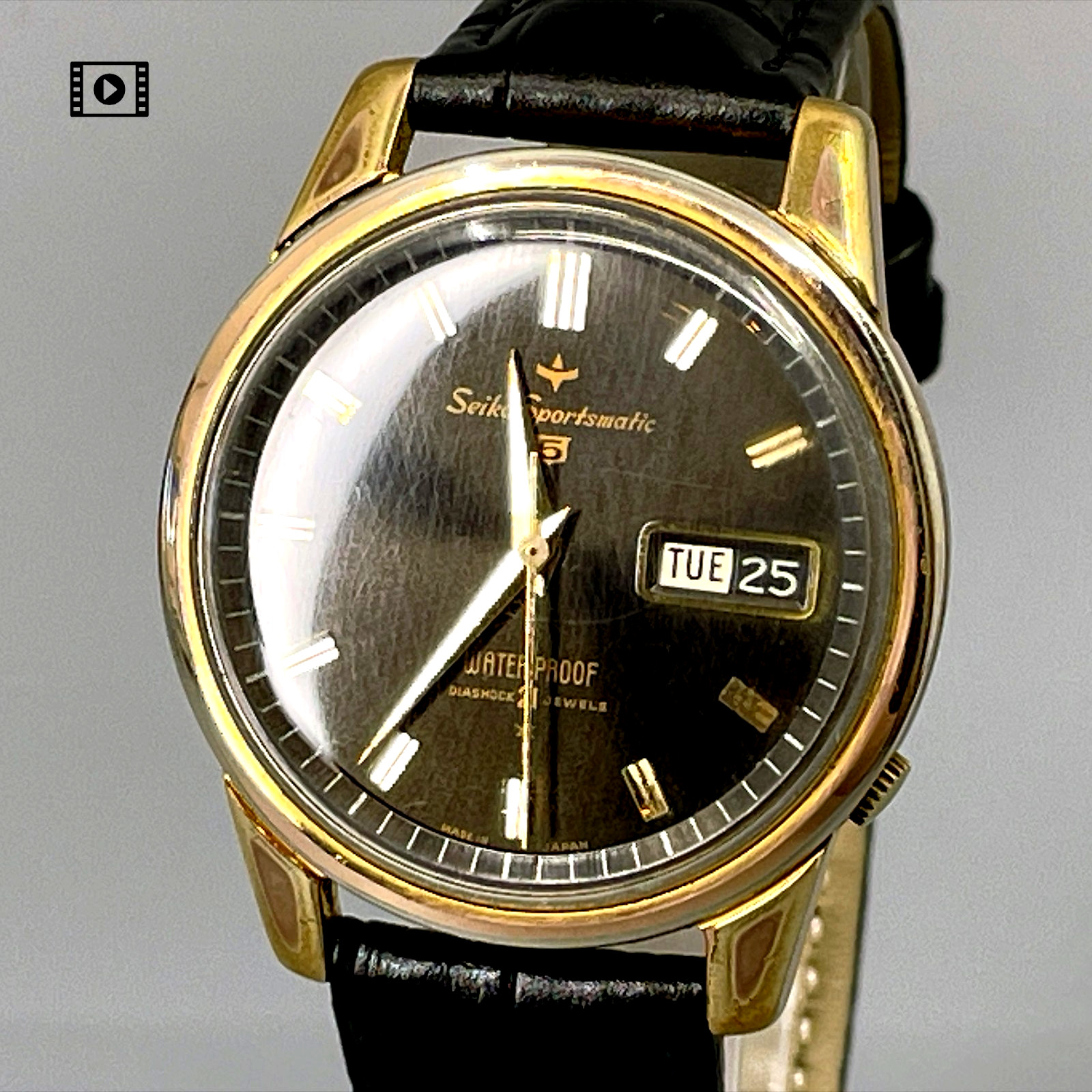 Rare Vtg1960's SEIKO Sportsmatic 5 Black Dial 21J AT 37mm Gold Watch -US Stock