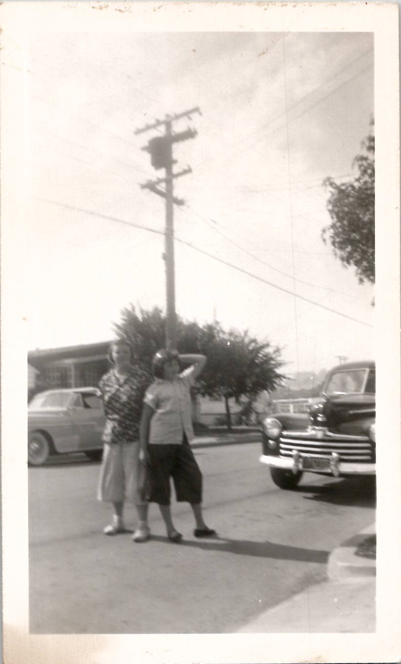 Classic Ford Coupe Car Goofy Women on Street Candid Snapshot 1950s Vintage Photo