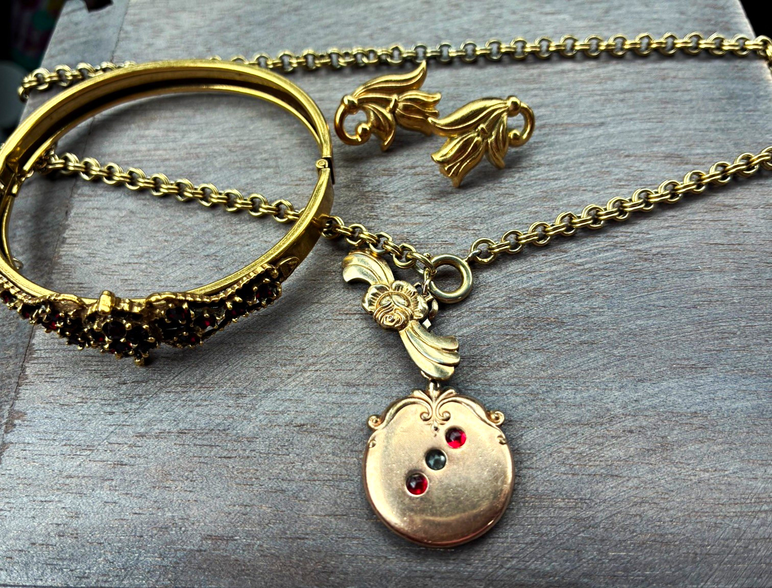 Antique and vintage gold filled and tone 3 piece set watch chain and fob 
