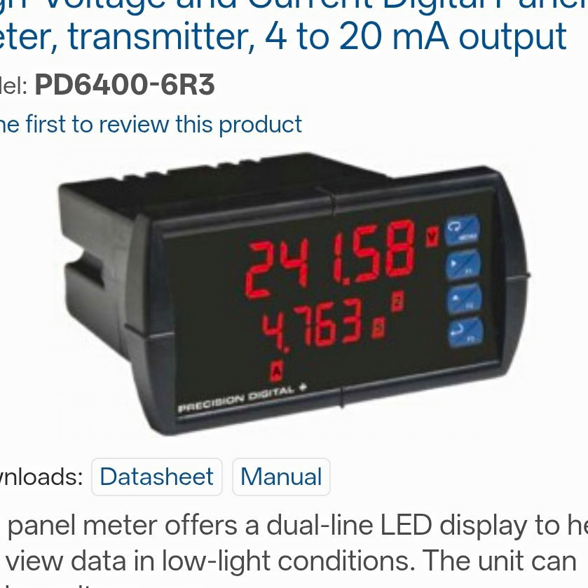 Precision Digital PD6400-6R3 1/8 DIN Digital Panel Meter, Volts & Current Precision Digital PD6400-6R3 1/8 DIN Digital Panel Meter, Volts & Current