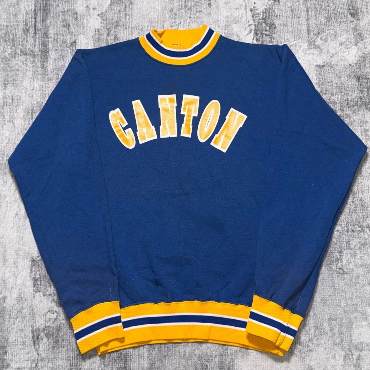 True Vintage 70s Russell Athletic Canton yellow arched text on navy blue crew True Vintage 70s Russell Athletic Canton yellow arched text on navy blue crew
