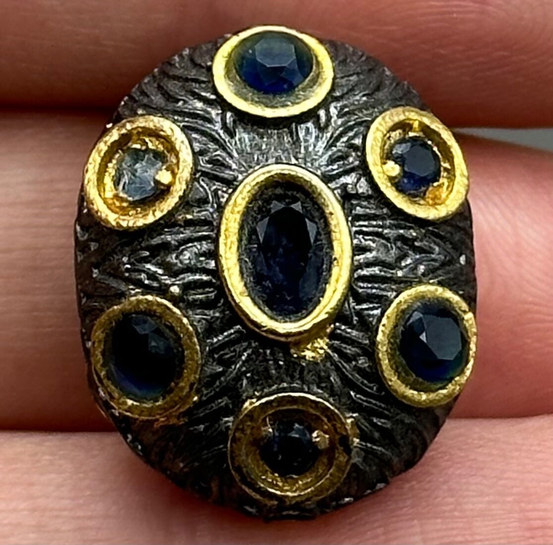 Lovely Sapphire stone antique near eastern solid silver gold golding unique bead