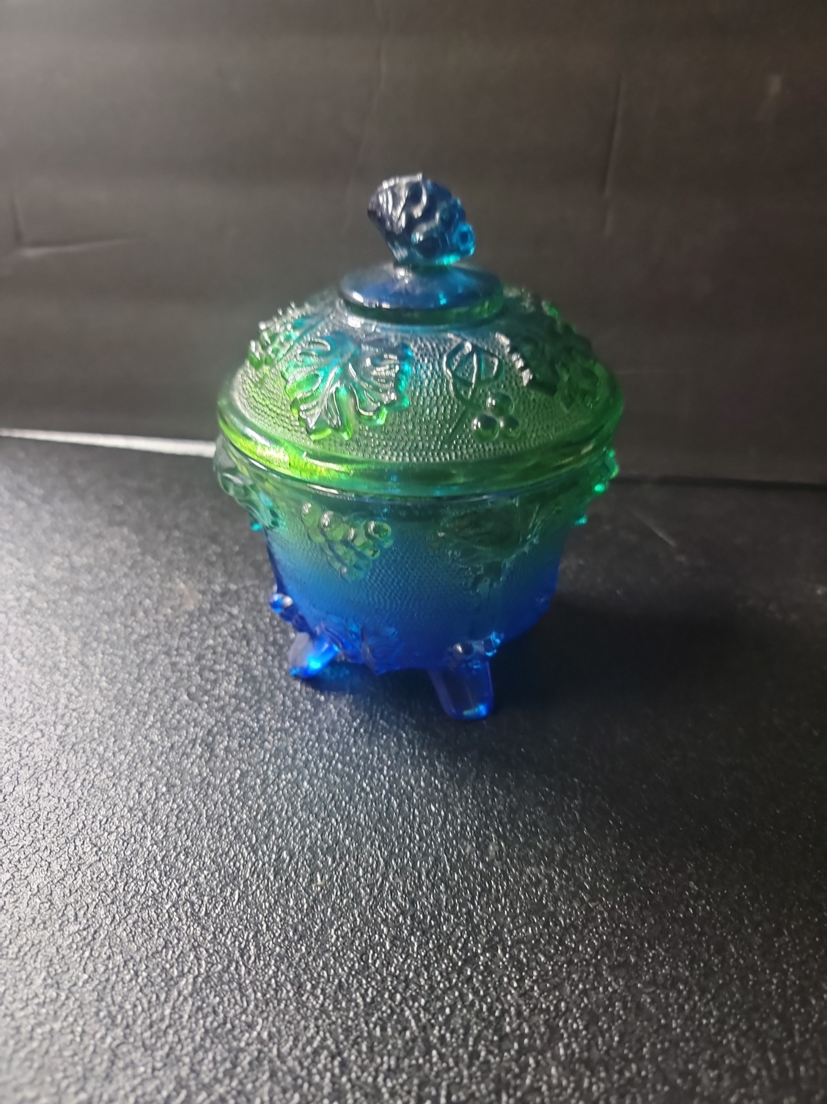 Vintage Jeanette Glass Grape Leaf Blue Green Carnival Footed Candy Dish 6.75 In