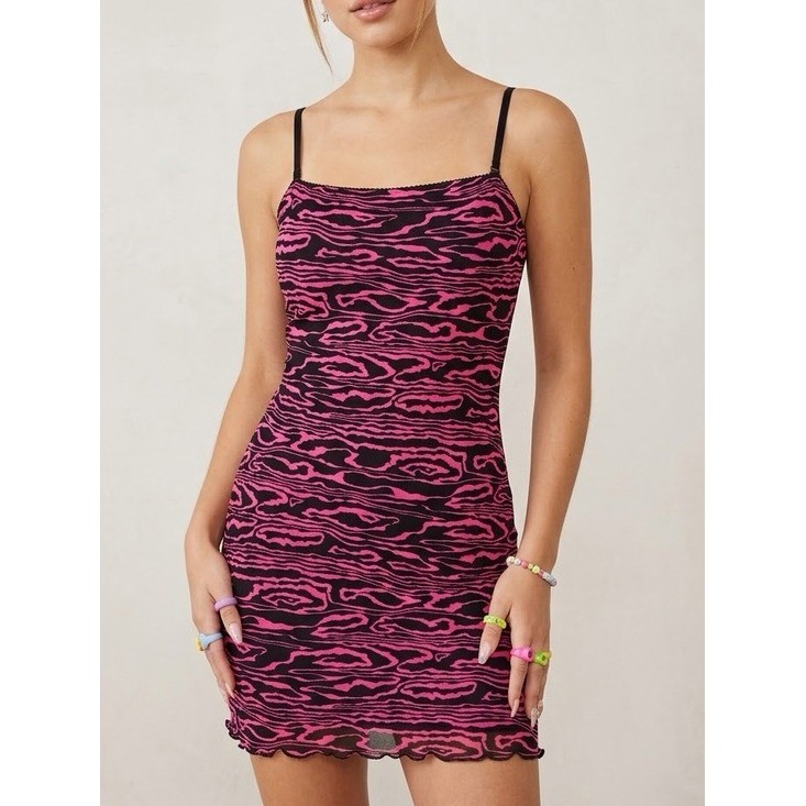 GUESS Vintage Y2K Pink Black Abstract Animal Print Mesh Mini Dress