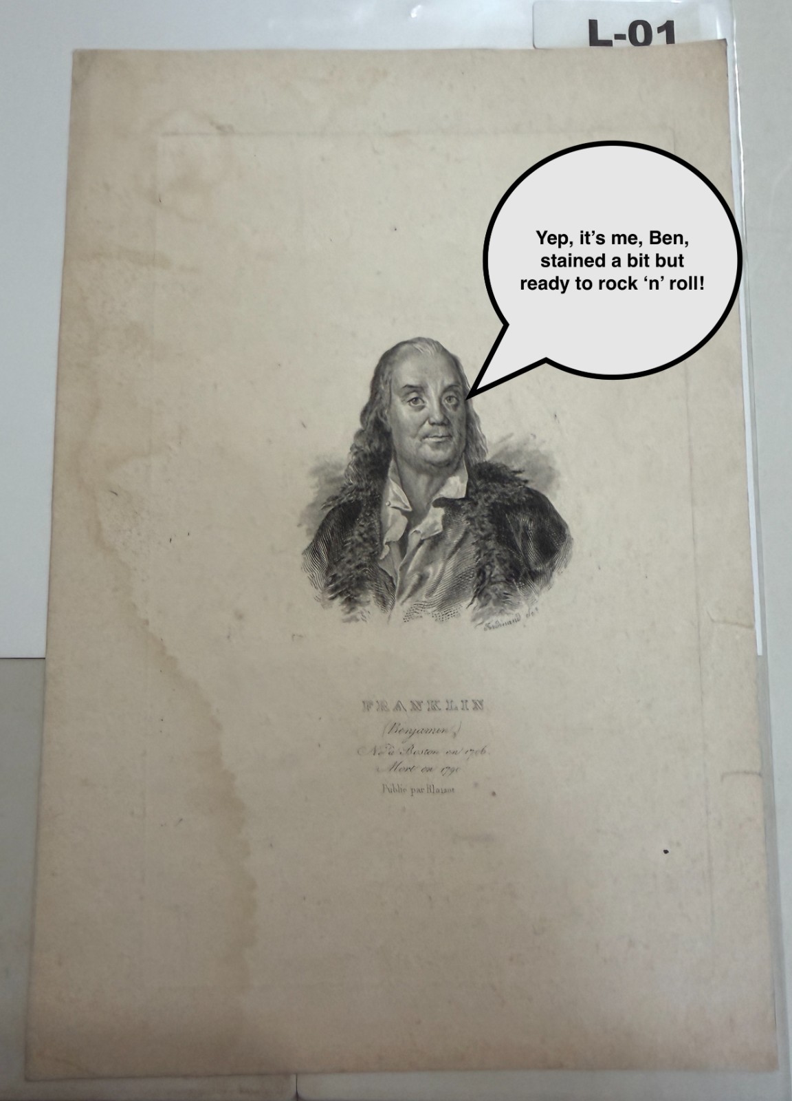 ANTIQUE ENGRAVING / LITHO COLLECTABLE Benjamin Franklin Portrait Blasiot  L-01