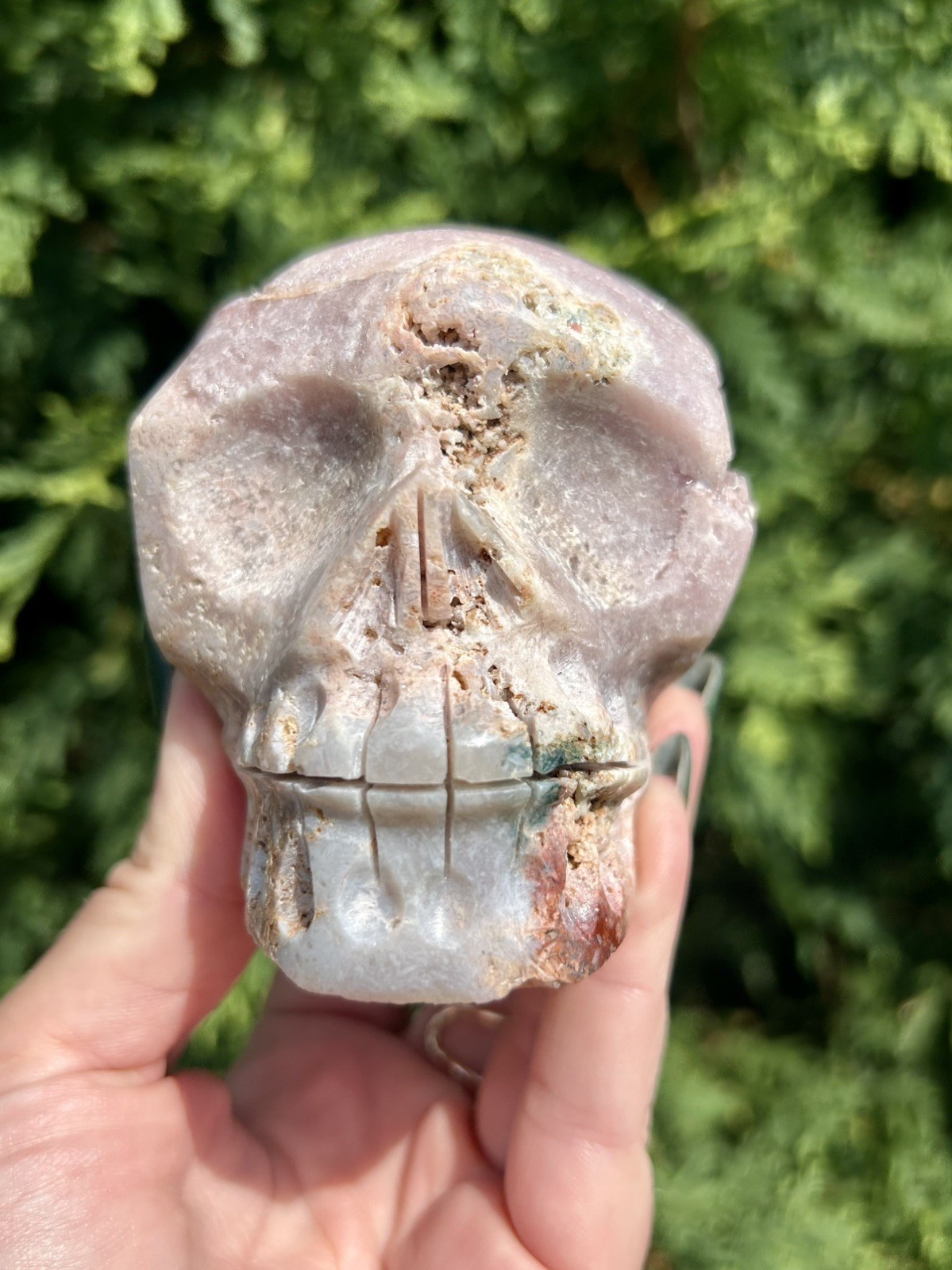 Pink Amethyst Skull Brazil Crystal Carving 1 lb 2 oz 4” Druzy