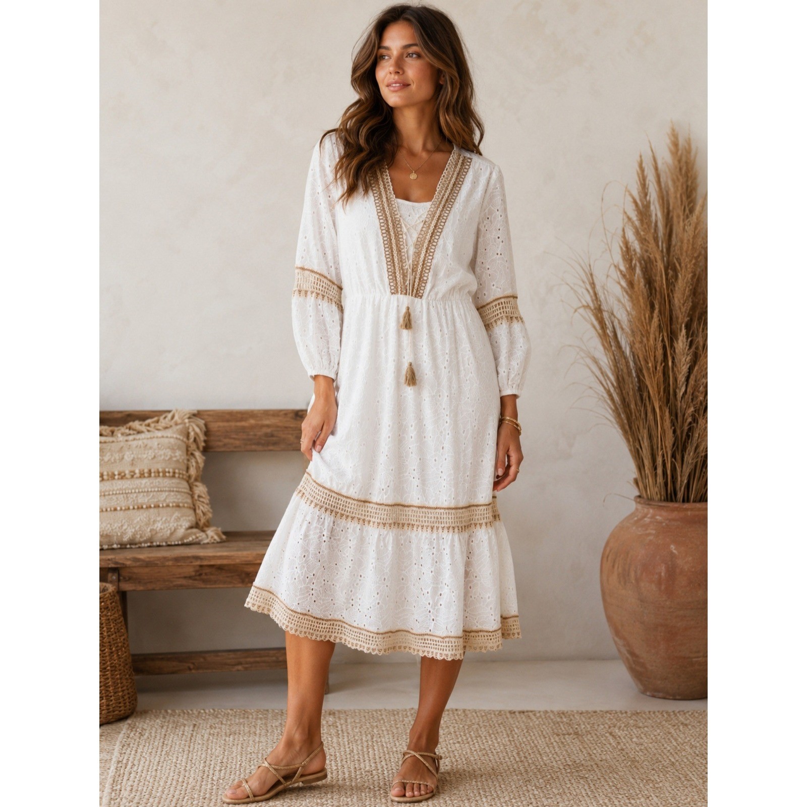 Cato Collection Limited Edition White Eyelet Lace Up Midi Dress Tassel Small