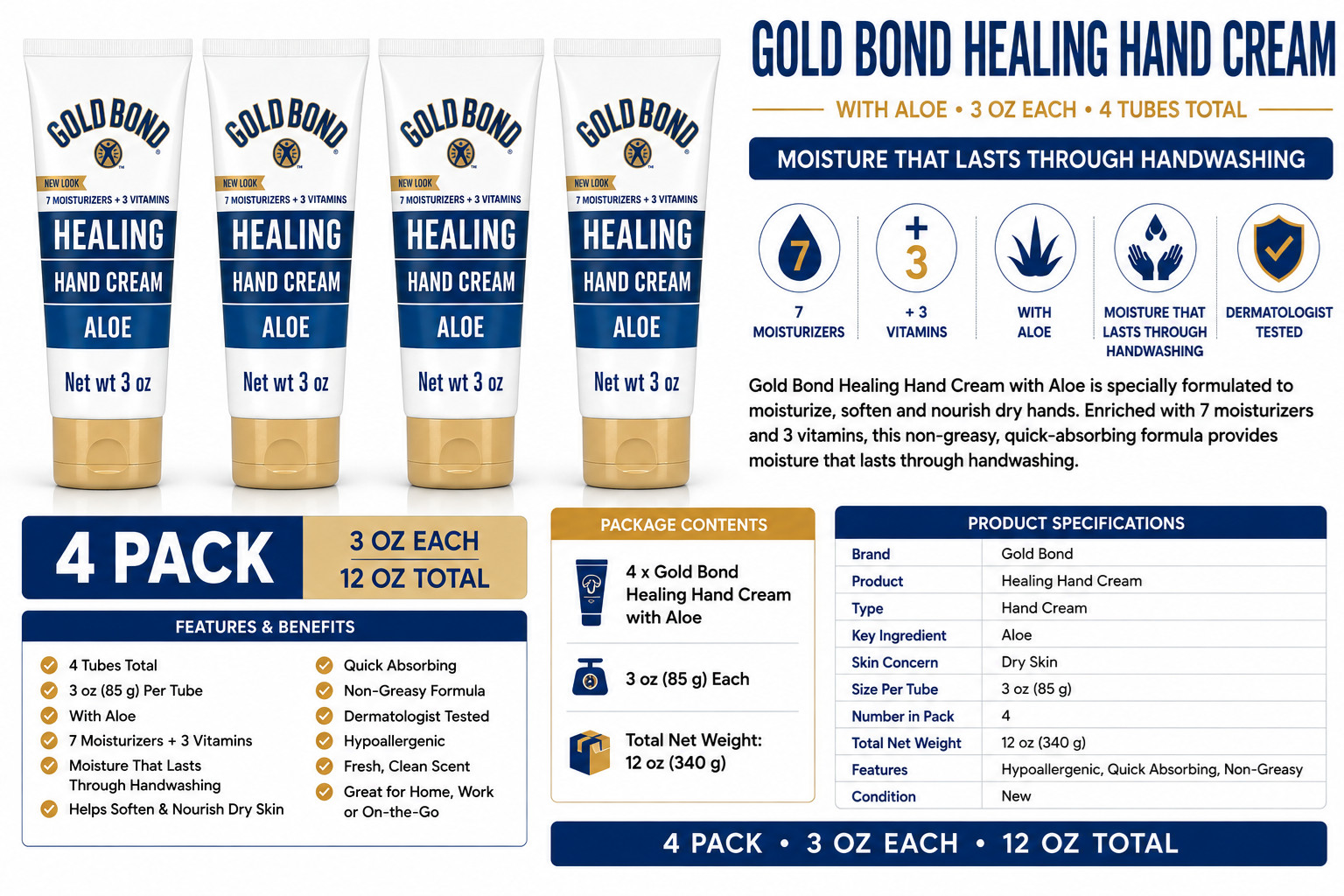 Gold Bond Healing Hand Cream Aloe 3 oz Moisture Through Handwashing 4 Pack