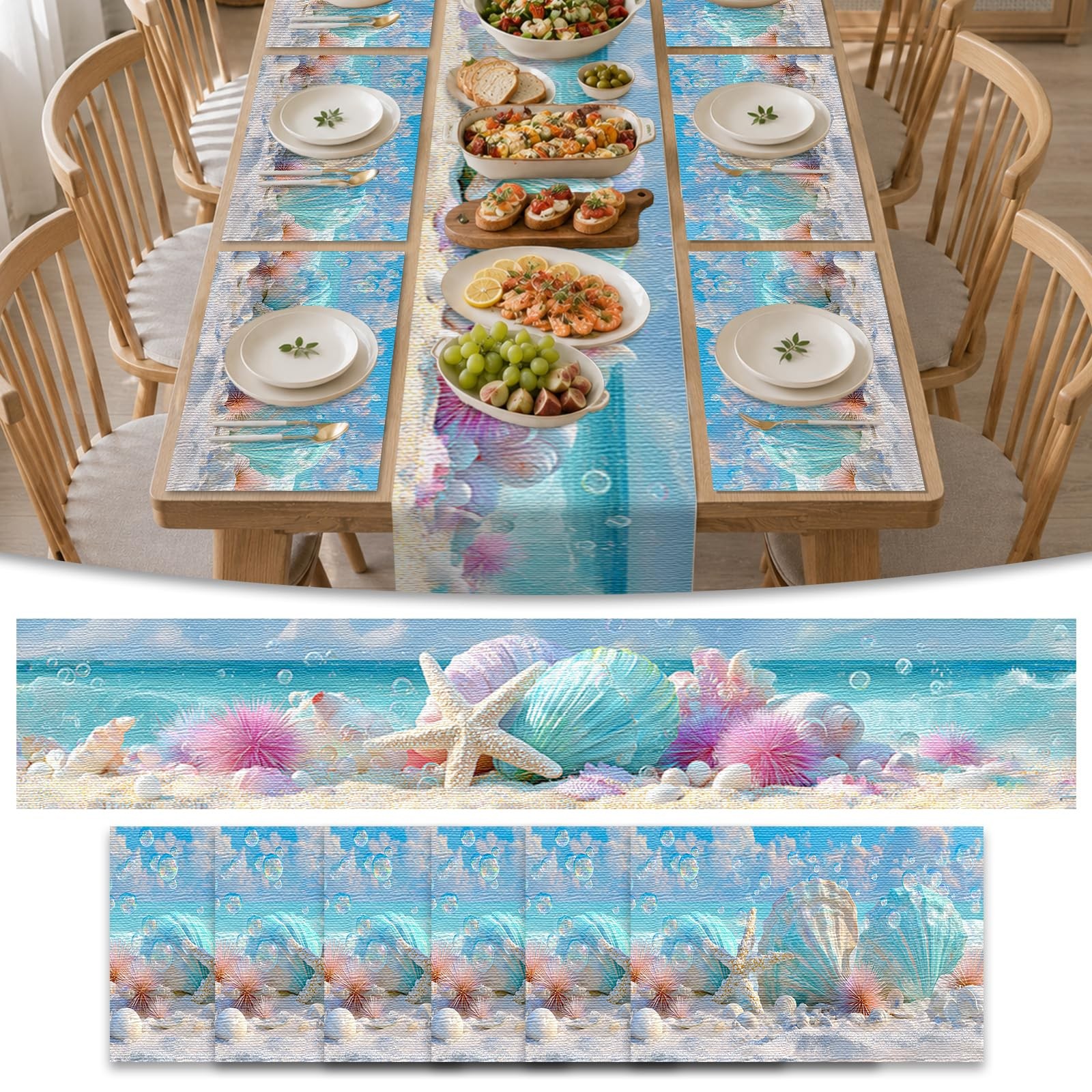 Nuxovilar 7-Piece Set Table Runner and Placemats - Seaside Shell & Starfish D...
