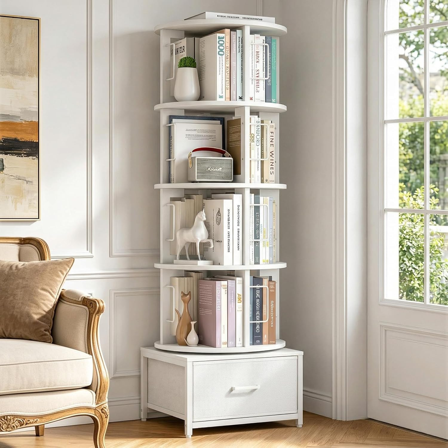 5-Tier Rotating Bookshelf Tower with Drawer - Space-Saving White Organizer