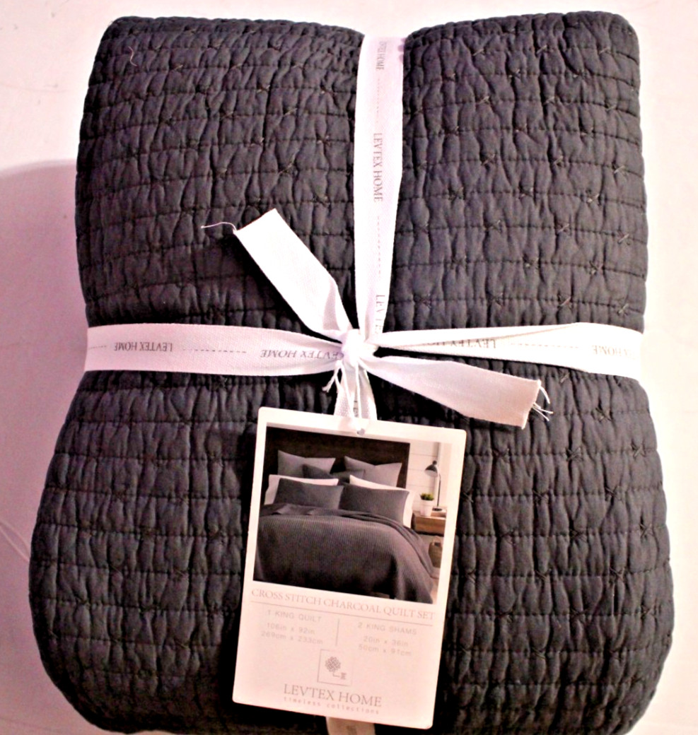 LEVTEX HOME CROSS STITCH QUILT SET SIZE KING CHARCOAL COMFORTER/ 2 SHAMS 
