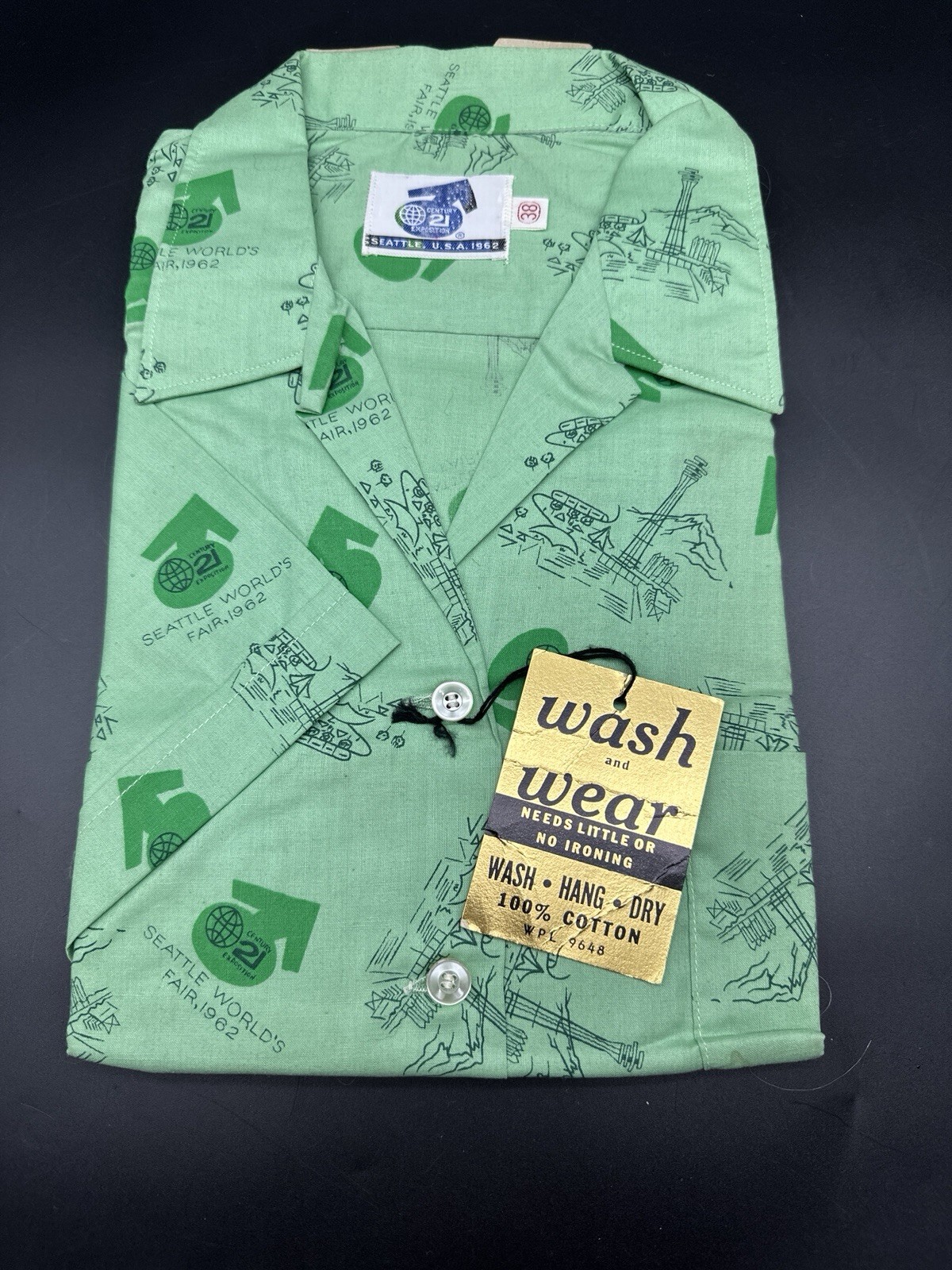 Century 21 Vintage 1962 Seattle World\'s Fair Green Cotton Shirt SS 38