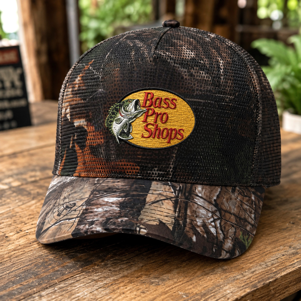 Bass Pro Shops Camo Trucker Hat Mesh Snapback Adjustable Embroidered Logo Cap