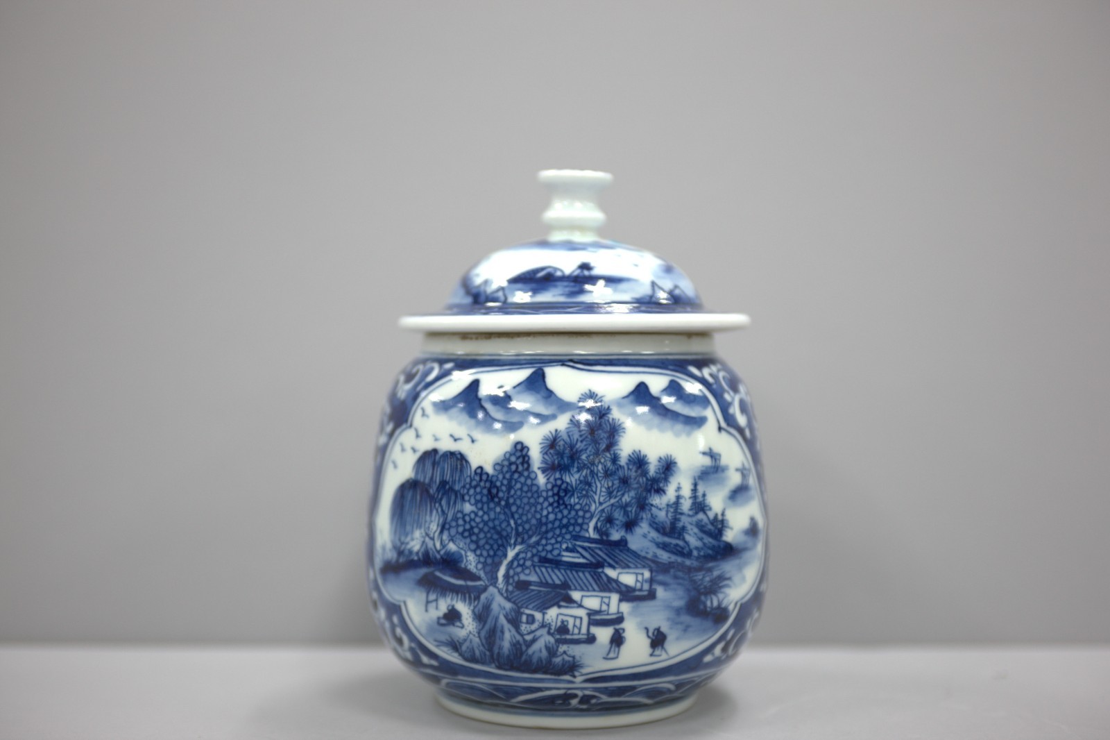Qing Dynasty Blue and White Landscape Lidded Jar