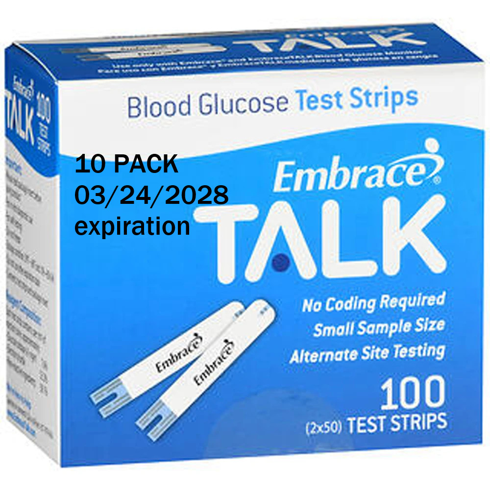 Embrace TALK Blood Glucose Test Strips 1000 Qty. Exp 3/24/2028 exp Embrace TALK Blood Glucose Test Strips 1000 Qty. Exp 3/24/2028 exp
