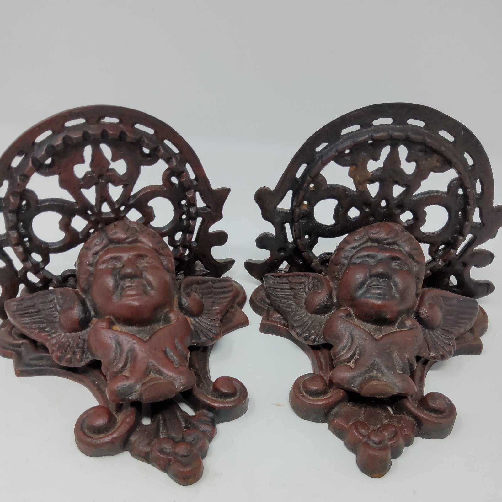 Pair Vintage Cast Iron Cherub Angel Floating Wall Shelves Gothic Decor Pair Vintage Cast Iron Cherub Angel Floating Wall Shelves Gothic Decor